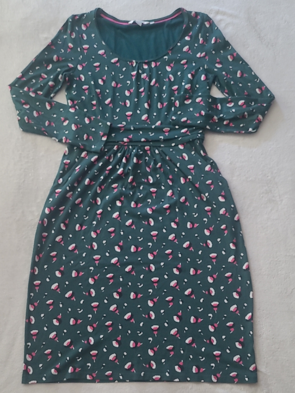 Boden Womens Green Floral Print Long Sleeve Sheath Dress US 6 Ruched Waist